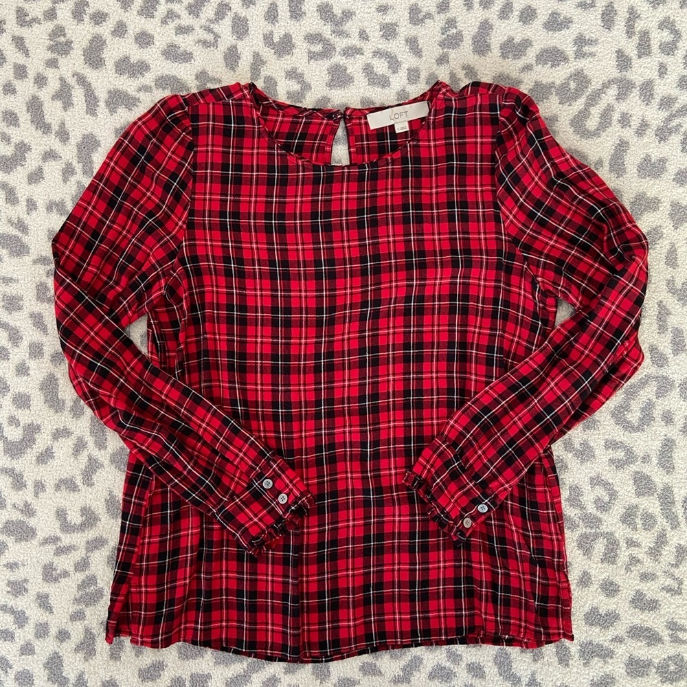 LOFT RED PLAID BLOUSE SIZE SMALL